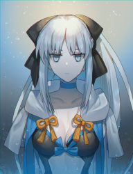 Rule 34 | 1girl, :/, black bow, black bowtie, blue choker, bow, bowtie, breasts, cape, choker, cleavage, fate/grand order, fate (series), frown, grey eyes, grey hair, hair bow, highres, long hair, looking at viewer, medium breasts, morgan le fay (fate), none (kameko227), solo, upper body, white cape