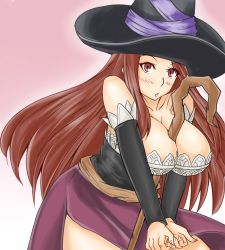 Rule 34 | 1girl, bare shoulders, between breasts, breasts, brown eyes, brown hair, cleavage, detached sleeves, dragon&#039;s crown, dress, female focus, gradient background, hat, highres, large breasts, long hair, long skirt, skirt, solo, sorceress (dragon&#039;s crown), staff, standing, strapless, strapless dress, vanillaware, weapon, white background, witch, witch hat