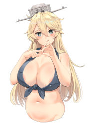 Rule 34 | 1girl, areola slip, bad id, bad pixiv id, blonde hair, blue eyes, breasts, cleavage, closed mouth, commentary, crop top, cropped torso, eyes visible through hair, front-tie top, hair between eyes, highres, iowa (kancolle), kantai collection, large breasts, long hair, looking at viewer, navel, no bra, osananajimi neko, penetration gesture, revision, sexually suggestive, simple background, solo, star-shaped pupils, star (symbol), stomach, symbol-shaped pupils, tongue, tongue out, white background
