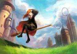 Rule 34 | 1girl, animification, arm up, ask (askzy), bad id, bad pixiv id, black pantyhose, broom, broom riding, brown eyes, castle, cloud, crossed legs, day, flying, ginny weasley, grass, harry potter (series), highres, hogwarts, hogwarts school uniform, loafers, long hair, miniskirt, necktie, one eye closed, orange hair, outdoors, pantyhose, red hair, school uniform, shading eyes, shoes, sidesaddle, sitting, skirt, sky, solo, wink, wizarding world