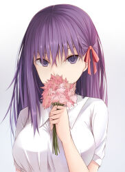 Rule 34 | 1girl, commentary request, covered mouth, fate/stay night, fate (series), flower, flower over mouth, hair between eyes, hair ribbon, holding, holding flower, kanpyou (hghgkenfany), long hair, looking at viewer, matou sakura, official alternate costume, pink flower, purple eyes, purple hair, red ribbon, ribbon, shirt, solo, upper body, white background, white shirt