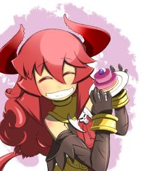 Rule 34 | 1girl, ^ ^, bare shoulders, blush, bracelet, cake, demon girl, demon tail, elbow gloves, closed eyes, food, gloves, grin, happy, horns, jewelry, long hair, maou beluzel, original, red hair, smile, solo, st926, tail, yuusha to maou