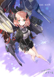 Rule 34 | 1girl, absurdres, armband, azur lane, balkenkreuz, bare legs, barefoot, black skirt, breasts, brown gloves, cannon, character name, closed mouth, commentary request, corset, cross, crossover, english text, flag print, foreshortening, from above, gloves, green eyes, gun, headgear, highres, large breasts, long sleeves, looking at viewer, looking up, machinery, metal gloves, miniskirt, name tag, norwegian flag, pleated skirt, roon (azur lane), signature, skirt, smile, torpedo tubes, turret, water, weapon, wing collar