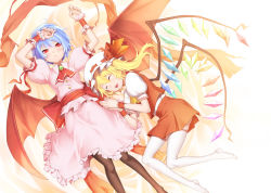 Rule 34 | 2girls, ascot, bat wings, black pantyhose, blonde hair, blue hair, bow, brooch, closed eyes, dress, embodiment of scarlet devil, fangs, female focus, flandre scarlet, happy, hat, hat bow, highres, jewelry, kunieda, multiple girls, no headwear, open mouth, pantyhose, red eyes, remilia scarlet, short hair, short sleeves, siblings, side ponytail, sisters, slit pupils, thighhighs, touhou, white background, white thighhighs, wings, wrist cuffs