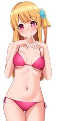 Rule 34 | 1girl, bikini, blonde hair, blush, closed mouth, commentary, english commentary, hair ornament, highres, hoshino ruby, long hair, navel, nyayuu96, one side up, oshi no ko, pink bikini, pink eyes, sidelocks, simple background, smile, solo, star-shaped pupils, star (symbol), star hair ornament, stomach, swimsuit, symbol-shaped pupils, white background