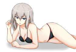 Rule 34 | 1girl, bikini, black bikini, blue eyes, breasts, cleavage, gam, girls und panzer, itsumi erika, large breasts, long hair, looking at viewer, navel, open mouth, simple background, solo, swimsuit, white background, white hair