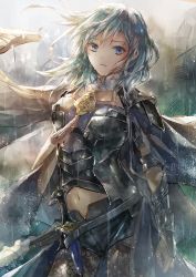 Rule 34 | 1girl, black pantyhose, black shorts, blue cape, blue eyes, blue hair, byleth (female) (fire emblem), byleth (fire emblem), cape, closed mouth, cowboy shot, detached collar, fire emblem, fire emblem: three houses, floating hair, holding, holding sword, holding weapon, pantyhose under shorts, long hair, looking at viewer, midriff, misaki yuu (misaki 1192), navel, nintendo, open fly, pantyhose, rain, short shorts, shorts, solo, standing, stomach, sword, weapon