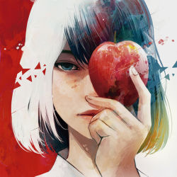Rule 34 | 1girl, apple, bad id, bad pixiv id, black hair, blue eyes, closed mouth, commentary request, fingernails, food, fruit, holding, holding food, holding fruit, lips, multicolored hair, one eye covered, original, portrait, red lips, short hair, solo, two-tone hair, wataboku, white hair
