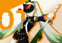Rule 34 | 1girl, armband, black coat, closed mouth, coat, creatures (company), fighting miku (project voltage), game freak, glitch, gloves, green armband, green hair, grey hair, hair between eyes, hat, hatsune miku, highres, holding, lololo11331, long hair, looking at viewer, necktie, nintendo, orange hair, pokemon, project voltage, solo, spring onion, thighhighs, twintails, visor cap, vocaloid, white gloves, white necktie, white thighhighs, yellow eyes