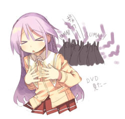 Rule 34 | &gt; &lt;, 00s, 1boy, ^^^, blush, cheering, closed eyes, crossdressing, crowd, happiness!, kashiwamochi yomogi, long hair, male focus, miniskirt, parted lips, pink hair, pleated skirt, purple hair, red skirt, school uniform, silhouette, simple background, skirt, solo, tears, text focus, trap, triangle mouth, watarase jun, white background, wince