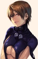 Rule 34 | 1girl, breasts, brown hair, gantz, gantz suit, hungry clicker, kishimoto kei, large breasts, short hair, simple background, smile, solo, underboob, upper body, yellow background