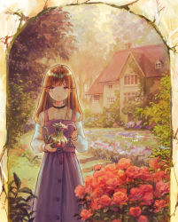 Rule 34 | 1girl, arch, belt, brown eyes, brown hair, commentary, cropped legs, day, dress, english commentary, expressionless, flower, garden, hanagara (k tento), holding, holding teapot, house, lips, long hair, long sleeves, looking at viewer, original, outdoors, pinafore dress, purple dress, red flower, red rose, rose, shirt, sleeveless dress, solo, stairs, standing, stone stairs, teapot, white shirt