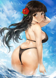 Rule 34 | 1girl, ass, bare arms, bare legs, bare shoulders, bikini, black bikini, black hair, blush, breasts, brown eyes, closed mouth, day, flower, from behind, hair flower, hair ornament, highres, kantai collection, large breasts, long hair, looking back, myoukou (kancolle), red flower, smile, solo, swimsuit, toka (marchlizard)