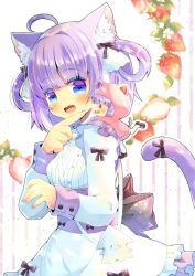 Rule 34 | 2girls, :d, ahoge, animal ear fluff, animal ears, animal hood, apron, bag, black bow, black footwear, blue eyes, blunt bangs, blush, bow, breasts, brown eyes, cat ears, cat girl, cat hood, cat tail, chibi, commentary request, copyright request, fake animal ears, fang, food, frilled apron, frills, fruit, hair intakes, hair rings, hood, hood up, hooded jacket, indie virtual youtuber, jacket, kou hiyoyo, long sleeves, mini person, minigirl, multiple girls, nail polish, open mouth, pantyhose, pink jacket, pleated skirt, purple hair, purple nails, purple skirt, shirt, shoes, shoulder bag, skirt, small breasts, smile, strawberry, striped, striped background, tail, tail bow, tail ornament, tail raised, vertical stripes, virtual youtuber, waist apron, white apron, white legwear, white shirt