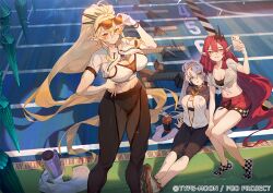 Rule 34 | 3girls, arm support, blonde hair, bottle, breasts, britomart (fate), cleavage, commentary request, day, barghest (fate), baobhan sith (fate), fate/grand order, fate (series), green eyes, hair between eyes, hand on own hip, holding, holding phone, hxxg, large breasts, long hair, looking at viewer, medium breasts, multiple girls, navel, official art, outdoors, phone, pointy ears, ponytail, red hair, short sleeves, shorts, sitting, smile, standing, sunglasses, track and field, twintails, very long hair, water bottle, white hair, zipper, zipper pull tab