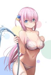 Rule 34 | 1girl, bikini, blue eyes, bocchi the rock!, breasts, cleavage, collarbone, cowboy shot, cube hair ornament, gotoh hitori, hair ornament, hand on own chest, holding, holding hose, hose, large breasts, long hair, looking at viewer, navel, pink hair, side-tie bikini bottom, simple background, smile, solo, swimsuit, tannneto, very long hair