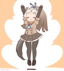 Rule 34 | 1girl, animal ears, arms up, bow, bowtie, coroha, elbow gloves, extra ears, fingerless gloves, full body, gloves, grey hair, jacket, jumping, kemono friends, kemono friends 3, long hair, looking at viewer, pantyhose, pink background, ponytail, ribbon, sable (kemono friends), sailor collar, shoes, simple background, skirt, solo, tail