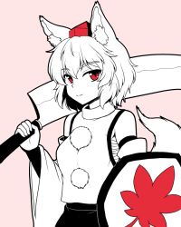 Rule 34 | 1girl, animal ears, bare shoulders, detached sleeves, gauntlets, hat, inubashiri momiji, isaki (gomi), long sleeves, looking at viewer, monochrome, over shoulder, red eyes, sarashi, shield, shirt, skirt, smile, solo, spot color, sword, sword over shoulder, tail, tokin hat, touhou, weapon, weapon over shoulder, wide sleeves, wolf ears, wolf tail