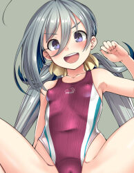 Rule 34 | 1girl, ahoge, blue sky, bosshi, breasts, cameltoe, cloud, competition swimsuit, day, grey background, grey eyes, grey hair, hair between eyes, hair ribbon, kantai collection, kiyoshimo (kancolle), low twintails, multicolored clothes, multicolored swimsuit, one-piece swimsuit, open mouth, outdoors, ribbon, round teeth, simple background, sky, small breasts, solo, spread legs, swimsuit, teeth, twintails, unfinished, upper teeth only, yellow ribbon