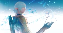 Rule 34 | 1boy, absurdres, black gloves, blue background, blue hair, closed eyes, earclip, elezen, elf, final fantasy, final fantasy xiv, flower, from side, gloves, gradient background, haurchefant greystone, highres, male focus, motion blur, pointy ears, profile, shawnstaw, shield, shield on back, short hair, solo, upper body, white flower