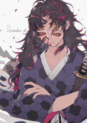 Rule 34 | 1boy, absurdres, black nails, blue kimono, brown hair, chinese commentary, closed mouth, collarbone, colored sclera, commentary request, crossed arms, dated, debris, extra eyes, facial mark, highres, japanese clothes, katana, kimetsu no yaiba, kimono, kokushibou, long hair, long sleeves, male focus, nail polish, pink sclera, simple background, solo, sword, taowu (20809), upper body, weapon, white background, yellow eyes