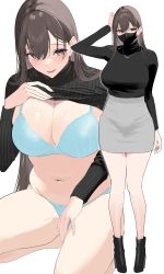 Rule 34 | 1girl, absurdres, aquna, black mask, black sweater, blush, breasts, brown hair, cleavage, clothes lift, curvy, full body, grey skirt, highres, large breasts, looking at viewer, mask, mouth mask, multiple views, navel, original, ribbed sweater, simple background, skindentation, skirt, smile, squatting, straight hair, sweater, sweater lift, underwear, white background
