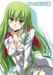 Rule 34 | 00s, 1girl, blush, breasts, c.c., cleavage, code geass, collarbone, covered erect nipples, green hair, izumi mahiru, large breasts, long hair, long sleeves, looking at viewer, solo, text focus, v arms, very long hair, white background, yellow eyes