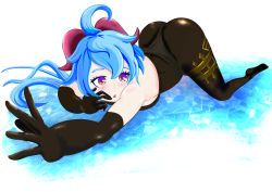 Rule 34 | 1girl, absurdres, ahoge, all fours, artist request, ass, bare shoulders, blue hair, blush, bodysuit, breasts, elbow gloves, ganyu (genshin impact), genshin impact, gloves, highres, horns, long hair, looking at viewer, pantyhose, red eyes, shiny clothes, shiny skin, sideboob, solo, thong, thong under pantyhose, very long hair