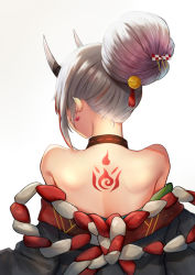 Rule 34 | absurdres, back, back focus, back tattoo, bare shoulders, bell, black kimono, earrings, from behind, hair bell, hair bun, hair ornament, hair up, halterneck, highres, hololive, horns, japanese clothes, jewelry, jingle bell, kimono, long hair, miyayosh, multicolored hair, nakiri ayame, nakiri ayame (1st costume), nape, off shoulder, oni, red hair, rope, shimenawa, shoulder blades, silver hair, single hair bun, skin-covered horns, solo, streaked hair, tattoo, upper body, virtual youtuber