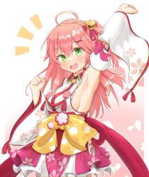 Rule 34 | 1girl, ahoge, arm up, armpits, bell, blush, breasts, cherry blossom print, clenched hands, detached sleeves, floral print, gradient background, green eyes, hair bell, hair ornament, hairclip, highres, hololive, long hair, looking at viewer, nail polish, open mouth, paw print, paw print pattern, pink hair, pink nails, sakura miko, sakura miko (1st costume), sideboob, solo, teeth, tomyoo, upper teeth only, virtual youtuber, x hair ornament