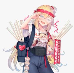 Rule 34 | 1girl, adjusting eyewear, akai haato, alternate costume, backpack, badge, bag, bespectacled, blonde hair, blue eyes, blue pants, blush, breasts, clothes writing, collarbone, fang, fanny pack, glasses, grey background, haaton (akai haato), hair ornament, hand up, harp, headband, heart, heart-shaped pupils, heart hair ornament, highres, hololive, horns, implied yuri, instrument, long hair, looking at viewer, one side up, open mouth, pants, paper bag, poster (object), print shirt, round eyewear, saliva, sheep girl, sheep horns, shirt, simple background, solo, symbol-shaped pupils, t-shirt, tsunomaki watame, very long hair, virtual youtuber, white shirt, yoshiheihe