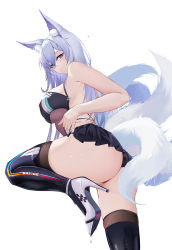 Rule 34 | 1girl, animal ear fluff, animal ears, ass, azur lane, baige0, bare arms, bare shoulders, black thighhighs, blue eyes, boots, breasts, closed mouth, dripping, fox ears, fox tail, hair between eyes, high heels, highres, kitsune, large breasts, leotard, looking at viewer, looking back, miniskirt, multiple tails, official alternate costume, panties, pleated skirt, race queen, shinano (azur lane), shinano (moonlit chrome) (azur lane), simple background, skirt, solo, strap pull, string panties, tail, thigh boots, thighhighs, thighhighs under boots, thighs, underwear, white background