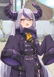Rule 34 | 1girl, ahoge, braid, braided bangs, coat, collar, cuffs, demon girl, grey hair, highres, hololive, horns, la+ darknesss, long hair, looking at viewer, multicolored hair, neckerchief, pointy ears, purple coat, purple hair, single thighhigh, sleeves past fingers, sleeves past wrists, slit pupils, solo, streaked hair, striped horns, thighhighs, valefal coneri, very long hair, virtual youtuber, yellow eyes