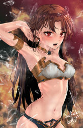 Rule 34 | 1girl, armor, armpits, arms behind back, arms up, bikini armor, blush, breasts, brown hair, cleavage, curvy, drawing, eyelashes, fate/grand order, fate (series), glass shards, highres, ishtar (fate), long hair, looking at viewer, messy hair, navel, onekickgirl, open mouth, red eyes, signature, small breasts, stomach, sweat, wet, wet clothes, wet hair