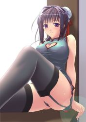 Rule 34 | 1girl, black panties, breasts, bun cover, china dress, chinese clothes, cleavage, cleavage cutout, clothing cutout, double bun, dress, covered erect nipples, garter belt, hair ornament, legs, lingerie, panties, smile, solo, thighhighs, underwear