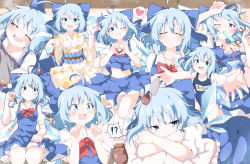 Rule 34 | !?, 1girl, :d, absurdres, adapted costume, ahoge, alternate costume, blue bow, blue dress, blue eyes, blue hair, blue one-piece swimsuit, blue skirt, blue vest, blush, bow, brown footwear, cirno, closed eyes, collage, commentary request, do (4-rt), dress, facing viewer, food, hair between eyes, hair bow, heart, heart hands, highres, japanese clothes, kimono, lap pillow invitation, large bow, light blue hair, looking at viewer, midriff peek, mimikaki, multiple views, name tag, obi, one-piece swimsuit, one eye closed, open mouth, pinafore dress, popsicle, rectangular mouth, sash, school swimsuit, shaved ice, shirt, shoes, short hair, short sleeves, skirt, skirt set, sleeveless dress, smile, sparkle, spoken heart, spoken interrobang, swimsuit, touhou, vest, white shirt, yukata