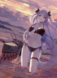 Rule 34 | 1girl, ahoge, azur lane, bekko, bikini, black bikini, breasts, brown eyes, commentary request, finger to mouth, hair ribbon, hand on own hip, long hair, looking at viewer, medium breasts, multi-strapped bikini bottom, navel, ocean, parted lips, prinz eugen (azur lane), ribbon, rigging, silver hair, solo, standing, swimsuit, thigh strap, twintails, two side up, wading