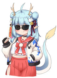 Rule 34 | 1girl, :p, ahoge, antlers, bailingxiao jiu, bell, black-framed eyewear, black choker, black gloves, blue eyes, blue hair, blush, bow, brown ribbon, candy, cat hair ornament, checkerboard cookie, choker, closed mouth, collarbone, cookie, cropped legs, double bun, dragon tail, ear piercing, fingerless gloves, food, gloves, groin, hair bell, hair bun, hair ornament, hair ribbon, hand up, heterochromia, highres, holding, holding candy, holding food, holding lollipop, horns, impossible clothes, jacket, jingle bell, lollipop, long hair, long sleeves, looking at viewer, open clothes, open jacket, original, piercing, pleated skirt, pointy ears, puffy long sleeves, puffy sleeves, red bow, red eyes, red sailor collar, red skirt, ribbon, sailor collar, school uniform, serafuku, shirt, skirt, smile, solo, sunglasses, tail, tail raised, tongue, tongue out, white jacket, white shirt