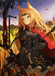 Rule 34 | 1girl, absurdres, animal ears, archetto (arknights), arknights, arrow (projectile), black dress, blonde hair, blue eyes, bow (weapon), cape, compound bow, dress, epaulettes, gloves, heterochromia, highres, holding, holding bow (weapon), holding weapon, long hair, open mouth, outdoors, partially fingerless gloves, red cape, red eyes, single epaulette, solo, weapon, wheat field, zhoulao