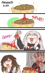 Rule 34 | arknights, blood, blood bag, bowl, brown hair, comic, cookie, disgust, eating, english text, fangs, folinic (arknights), food, guin guin, hair ornament, highres, saliva, tongue, vampire, warfarin (arknights), white hair