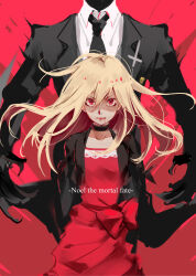Rule 34 | 1boy, 1girl, absurdres, black skin, black suit, blonde hair, blood, blood from mouth, caron (higyaku no noel), choker, colored skin, dress, formal, frilled choker, frills, glaring, highres, higyaku no noel, long hair, noel cerquetti, red dress, solo focus, suit