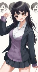 Rule 34 | 1girl, :d, absurdres, arm up, black hair, black jacket, black skirt, blazer, blush, boku no kokoro no yabai yatsu, breasts, brown eyes, cardigan, collared shirt, commentary request, dress shirt, head tilt, highres, ichikawa kyoutarou, jacket, long hair, long sleeves, looking at viewer, medium breasts, mugcup, open clothes, open jacket, open mouth, pleated skirt, purple cardigan, shirt, skirt, sleeves past wrists, smile, solo focus, string, string around finger, string of fate, sweat, teeth, upper teeth only, v, very long hair, wavy mouth, white shirt, yamada anna