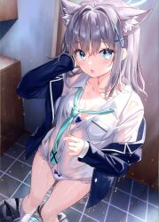 Rule 34 | 1girl, absurdres, animal ears, blazer, blue archive, blue eyes, blush, bow, bow bra, bow panties, bra, breasts, collarbone, extra ears, fujima takuya, grey hair, hair ornament, halo, hand up, highres, indoors, jacket, long hair, long sleeves, looking at viewer, necktie, off shoulder, open mouth, panties, scan, school uniform, shiny skin, shiroko (blue archive), shiroko (swimsuit) (blue archive), shirt, skirt, small breasts, socks, solo, thighs, underwear, unworn skirt, water, water drop, wet, wet clothes, white shirt, wolf ears, x hair ornament