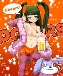 Rule 34 | 1girl, alcohol, argyle, argyle clothes, argyle legwear, armpits, beer, beer mug, blush, boots, brand name imitation, breasts, coat, cup, employee uniform, female focus, green eyes, green hair, highres, hooters, jewelry, large breasts, looking at viewer, matching hair/eyes, mug, necklace, nipples, open clothes, open coat, open mouth, osamu yagi, pantyhose, pantyhose under shorts, pop&#039;n music, rabbit, short shorts, shorts, sleeveless, solo, topless, tsurara (pop&#039;n music), twintails, uniform, usao-kun