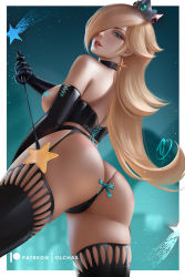 Rule 34 | 1girl, ass, baton, blonde hair, butt crack, censored nipples, covered navel, dominatrix, femdom, from below, garter belt, garter straps, gluteal fold, looking at viewer, mario (series), nintendo, olchas, one eye covered, panties, rosalina, solo, super mario galaxy, thick thighs, thighhighs, thighs, thong, underwear