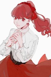 Rule 34 | 1girl, belt, bow, cup, curly hair, female focus, hair bow, highres, holding, holding cup, long hair, long skirt, long sleeves, looking at viewer, matching hair/eyes, mug, official alternate costume, persona, persona 5, persona 5 the royal, ponytail, red bow, red eyes, red hair, red skirt, ribbon, shenhaihua, simple background, skirt, smile, solo, sweater, white background, yoshizawa kasumi