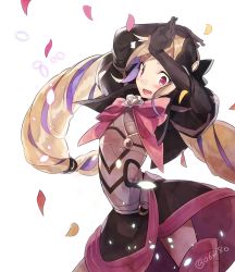 Rule 34 | 1girl, bad id, bad pixiv id, black gloves, blonde hair, bow, bowtie, dress, drill hair, elise (fire emblem), fire emblem, fire emblem fates, gloves, hyakuhachi (over3), looking at viewer, nintendo, open mouth, petals, simple background, smile, solo, twin drills