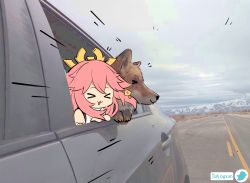 Rule 34 | &gt;3&lt;, &gt; &lt;, 1girl, :d, animal ears, car, chibi, closed eyes, commentary request, day, detached sleeves, earrings, facing viewer, fox, fox ears, fox girl, genshin impact, hair between eyes, hair ornament, highres, japanese clothes, jewelry, korean commentary, long hair, motor vehicle, nontraditional miko, ooyun, open mouth, outdoors, photo background, pink hair, road, sidelocks, smile, twitter username, vision (genshin impact), xd, yae miko