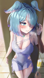 Rule 34 | 1girl, absurdres, alcohol, alternate costume, aqua eyes, arm warmers, asymmetrical dress, bare shoulders, blue hair, blush, breasts, champagne, champagne flute, cleavage, closed mouth, collarbone, cup, dress, drinking glass, elira pendora, from above, hair over one eye, hand up, head wings, highres, hip vent, jewelry, kabedon, kanpancake, large breasts, looking away, medium hair, necklace, nijisanji, nijisanji en, pov, short dress, virtual youtuber, wings