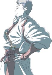 Rule 34 | 1boy, closed eyes, facing to the side, grey hair, hand on own chin, hand on own hip, highres, jigokuraku, katana, robe, short hair, simple background, skullking980, solo, spiked hair, sweat, sword, weapon, white background, white robe, yamada asaemon shion